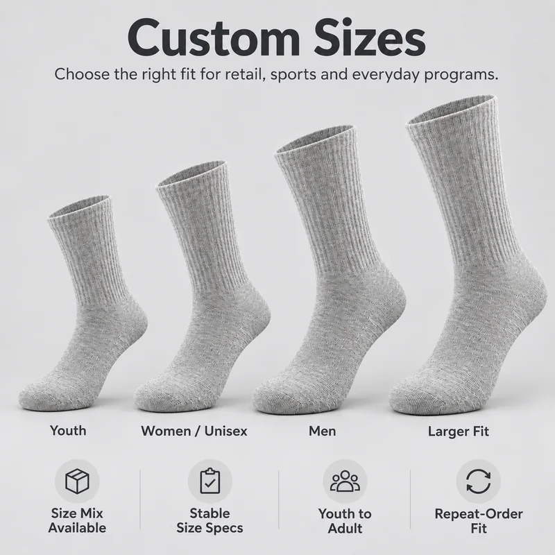 Heather grey blank crew socks showing youth, women and unisex, men and larger-fit size-planning references