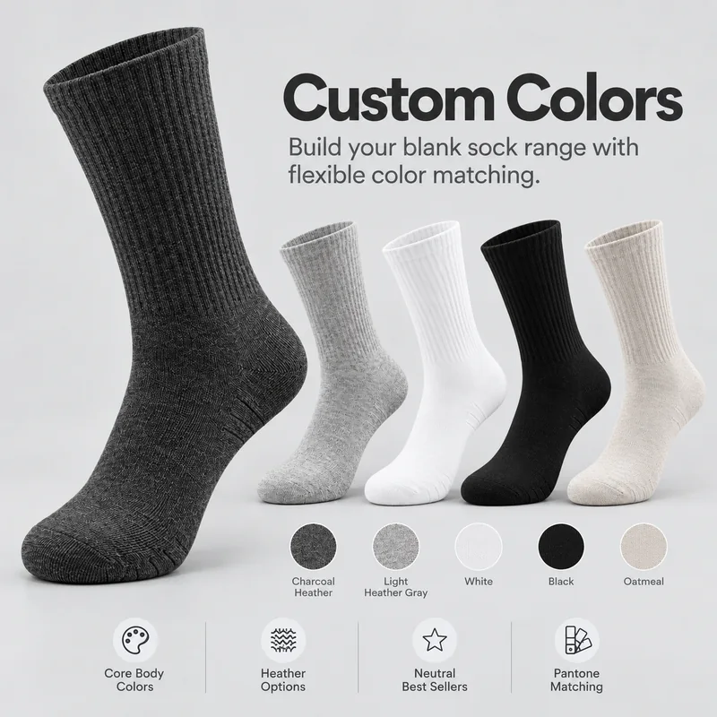 Blank crew socks in charcoal heather, light heather grey, white, black and oatmeal with colour swatches