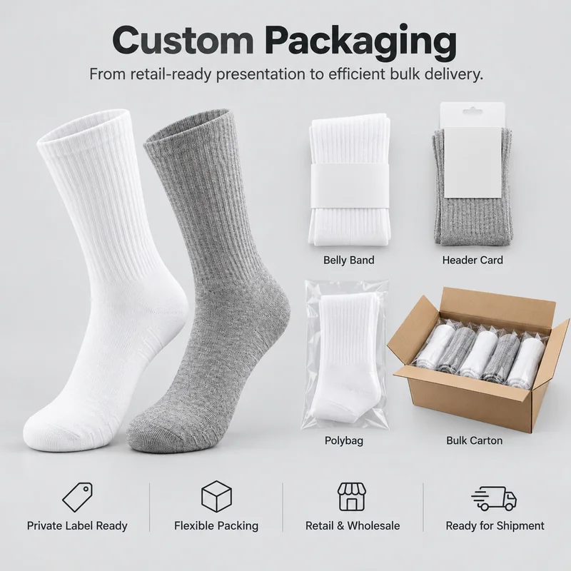 White and heather grey blank crew socks with belly band, header card, polybag and bulk carton packaging examples
