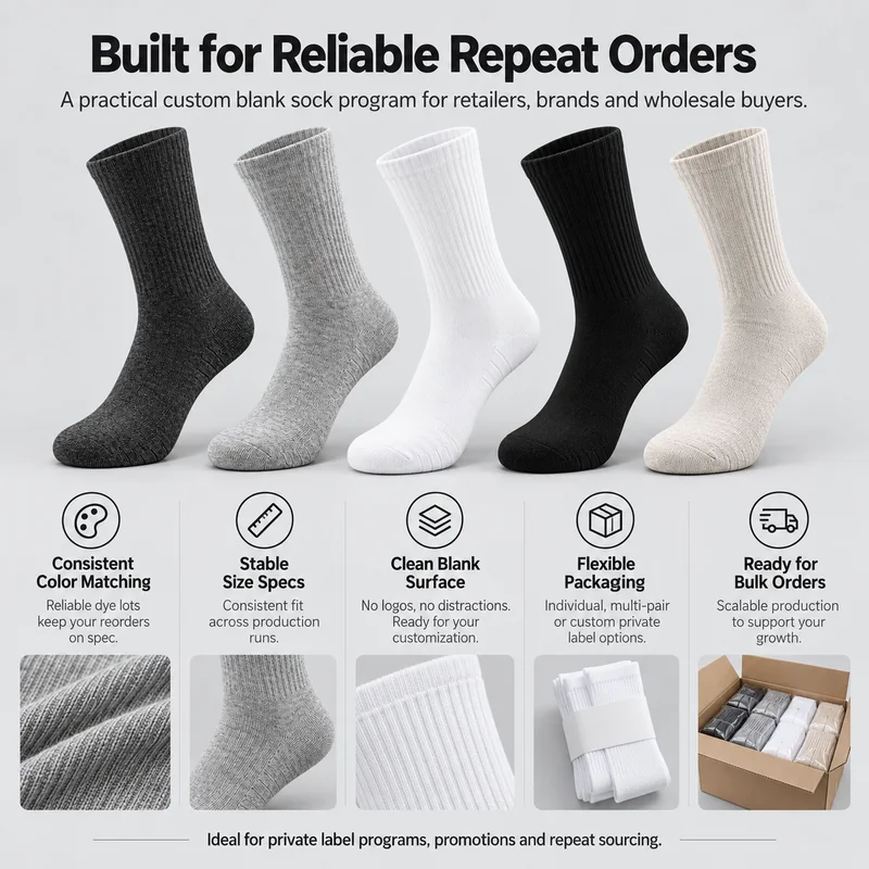 Five blank crew sock colourways with knit details, a belly band and a bulk carton for repeat-order planning