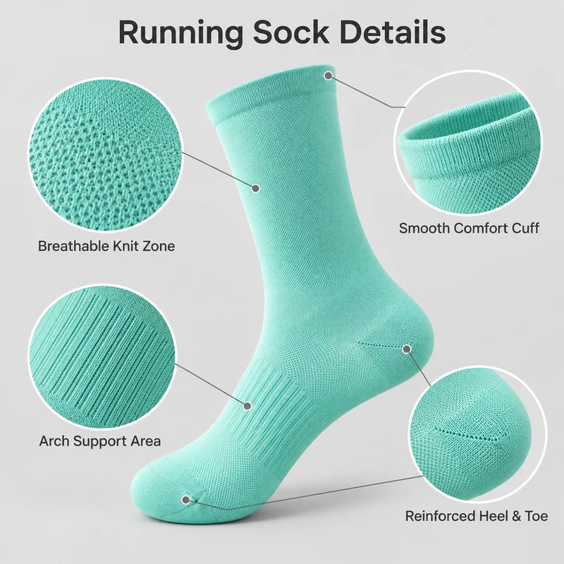 Mint crew sock with close-up illustrations of the knit zone, smooth cuff, arch knit, heel and toe
