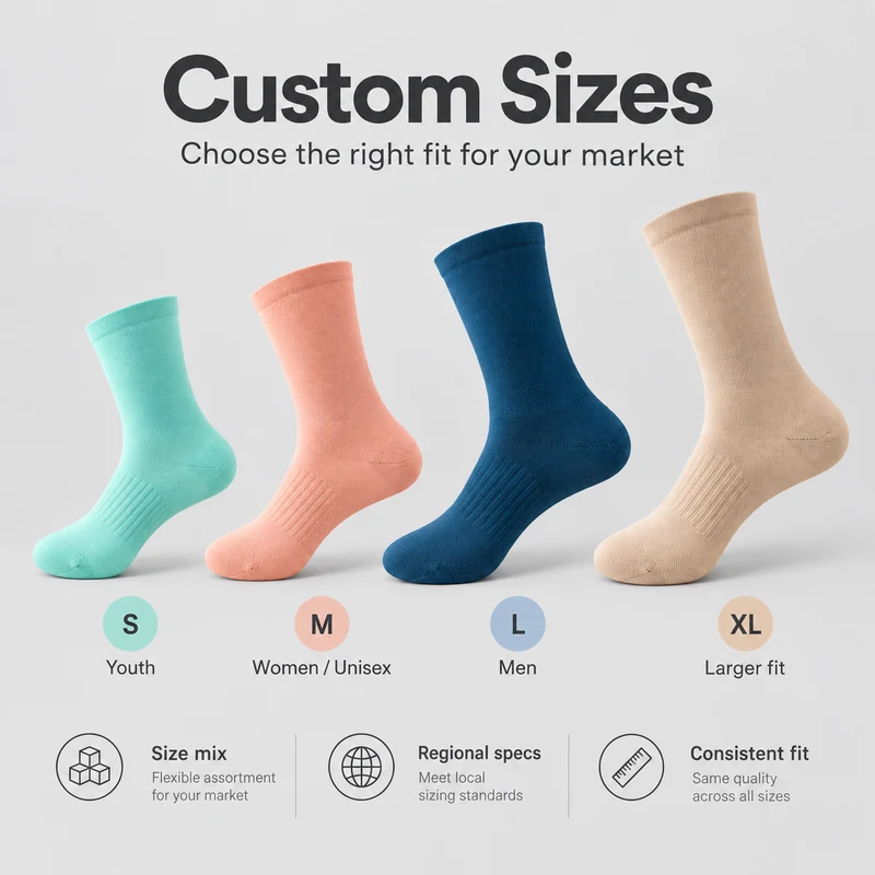 Crew sock size illustration showing S, M, L and XL reference labels with mint, coral, deep blue and sand socks