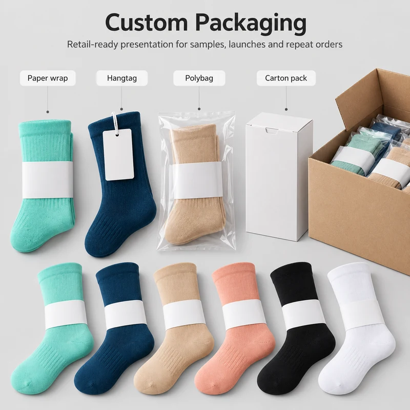 Solid-colour crew socks with paper wraps, hangtags, polybags and carton packaging examples