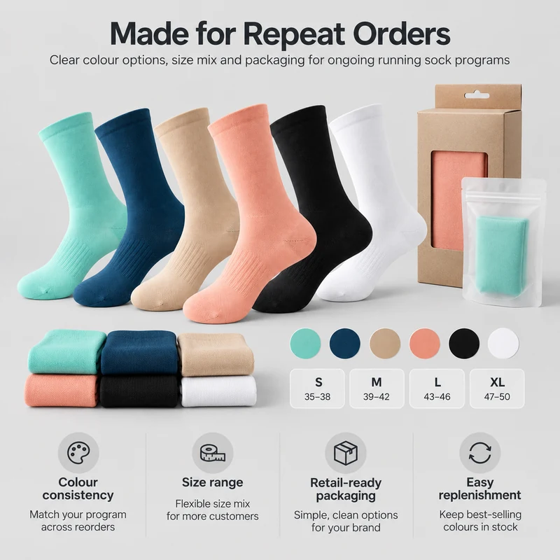 Six crew sock colours with folded pairs, retail packaging and an example S to XL size assortment for repeat orders
