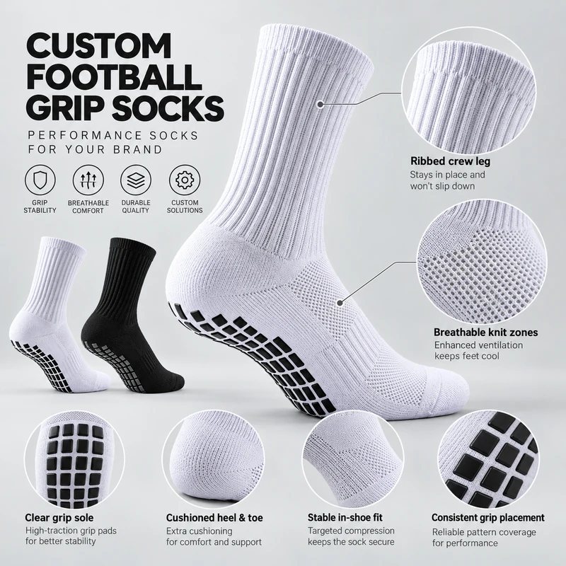 White crew football grip sock showing the ribbed leg, mesh-knit zones, heel and toe areas and sole grip pad layout