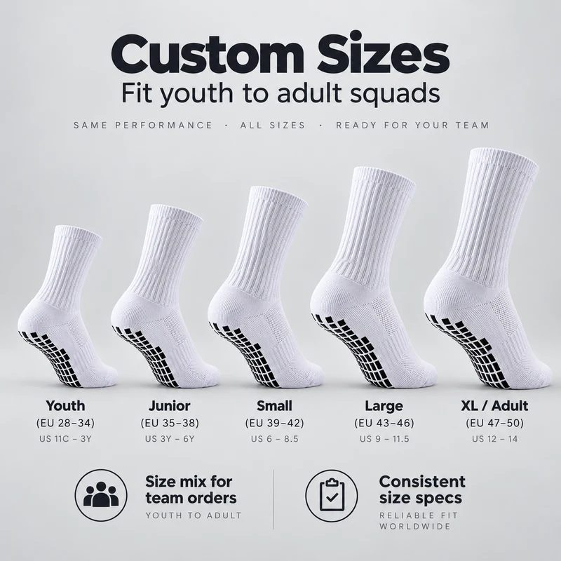 Crew football grip sock size planning with youth, junior, small, large and XL adult examples