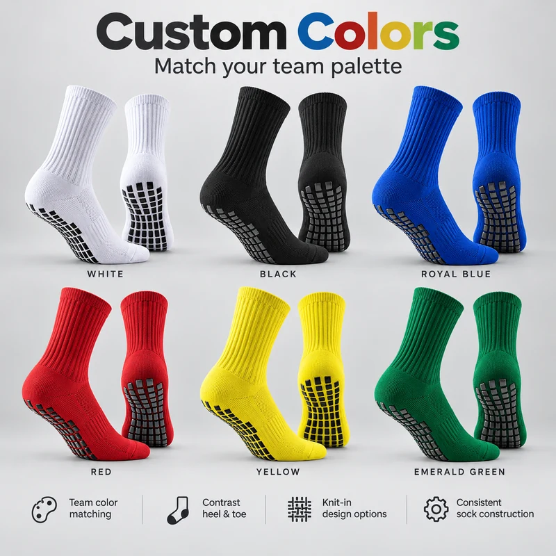 Crew football grip socks in white, black, royal blue, red, yellow and emerald green