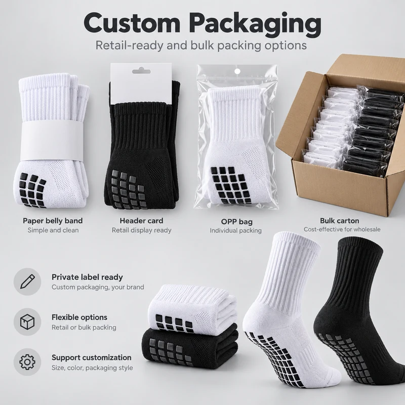 Crew football grip socks with paper belly band, header card, OPP bag and bulk carton packaging options
