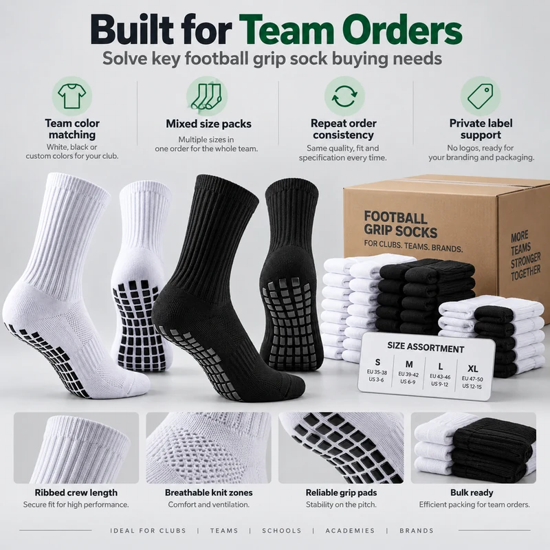 White and black football grip socks with mixed-size team assortments, folded pairs and bulk cartons