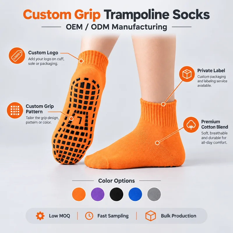 Orange crew trampoline socks showing black rectangular sole pads, ribbed cuffs, logo placement, cotton blend and private label references
