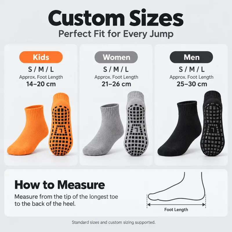 Crew trampoline socks beside an illustrated size chart with approximate foot-length ranges of 14 to 20, 21 to 26 and 25 to 30 centimetres and a measuring guide