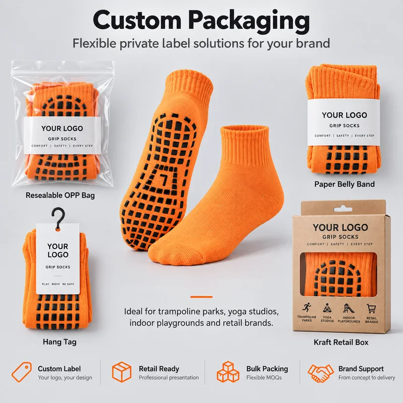Orange crew trampoline socks with illustrated resealable OPP bag, paper belly band, hang tag and kraft retail box packaging