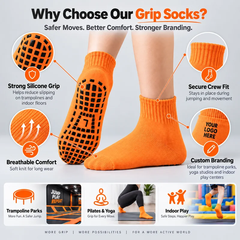 Orange crew trampoline socks with close-ups of black sole pads, ribbed cuffs, knit and logo placement, alongside trampoline, studio and indoor-play references