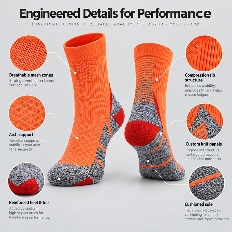 Orange crew sports socks with close-ups of mesh zones, ribbed structure, arch knit, reinforced heel and toe, custom knit panels and a cushioned sole