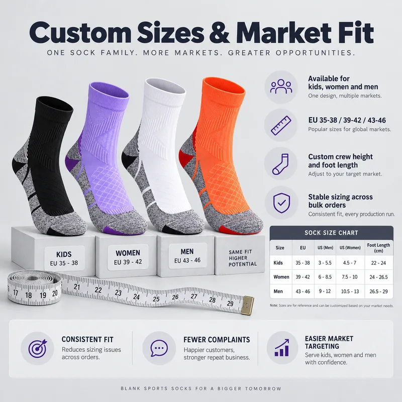 Black, lavender, white and orange crew sports socks with an illustrative EU 35 to 46 size chart and foot-length references