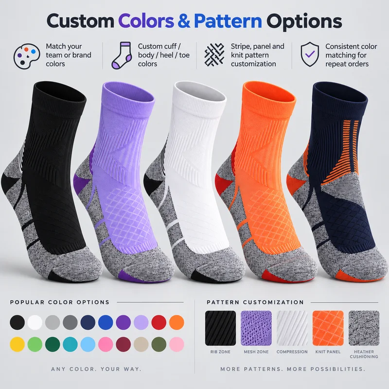 Five mesh crew sports sock colourways with colour swatches and close-ups of rib, mesh, knit-panel and heather cushioning patterns