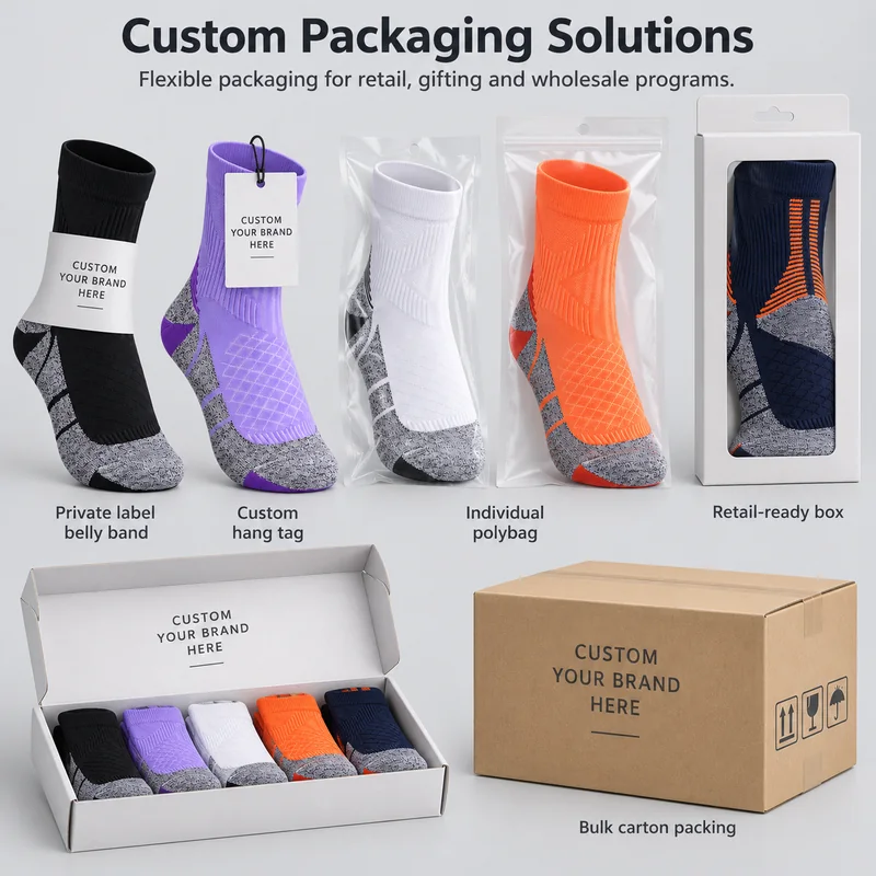 Cushioned mesh crew sports socks shown with belly bands, hang tags, clear polybags, a retail window box, a multipair gift box and a bulk carton