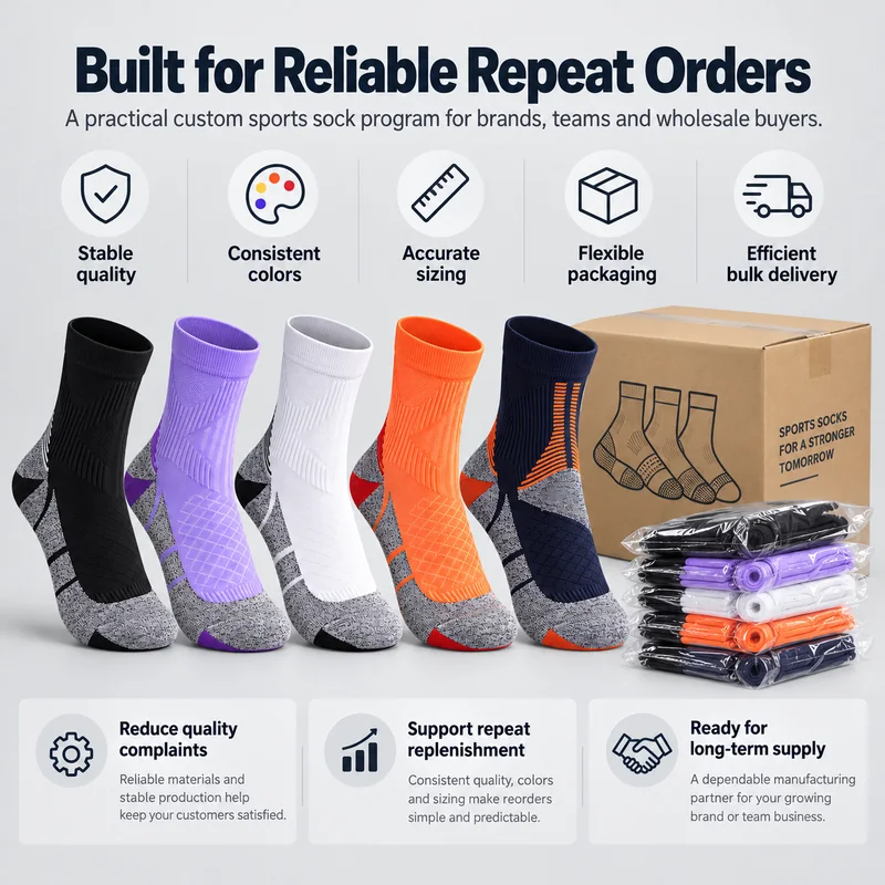 Five cushioned mesh crew sports socks beside packed pairs and a shipping carton with colour, size, quality and replenishment planning illustrations