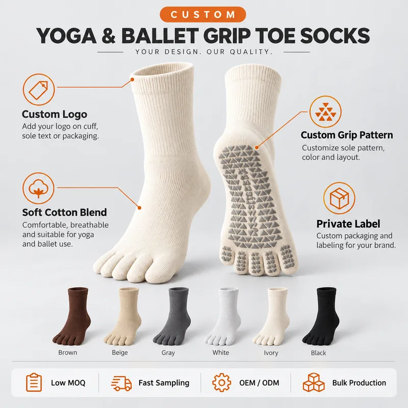 Ivory five-toe grip socks with illustrated cuff and sole branding options, triangular grip details, a cotton-blend reference and six neutral colour examples