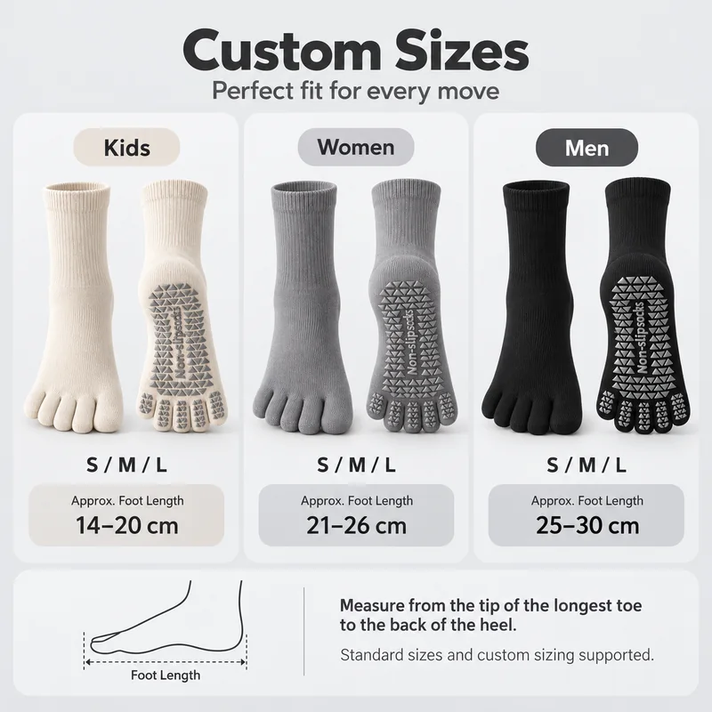Five-toe crew socks beside an illustrated size chart showing approximate foot-length groups of 14 to 20, 21 to 26 and 25 to 30 centimetres with a measuring guide