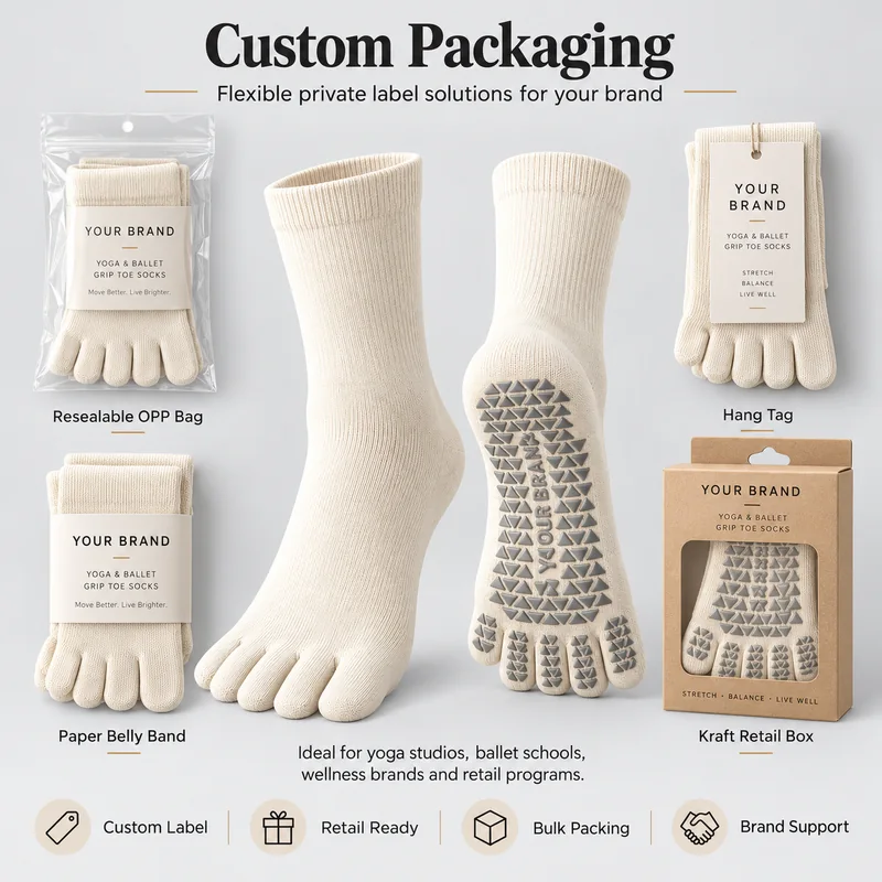 Ivory five-toe grip socks with illustrated resealable OPP bag, hang tag, paper belly band and kraft retail box packaging carrying brand placeholders