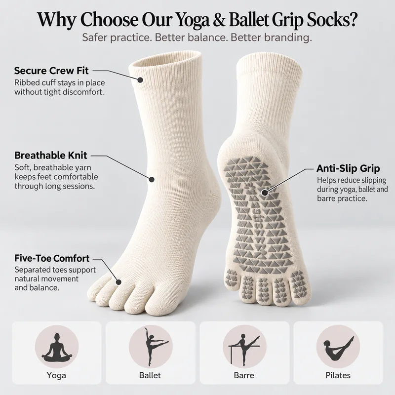 Ivory five-toe socks with close-ups of the ribbed cuff, knit and triangular sole grip, alongside yoga, ballet, barre and Pilates activity references