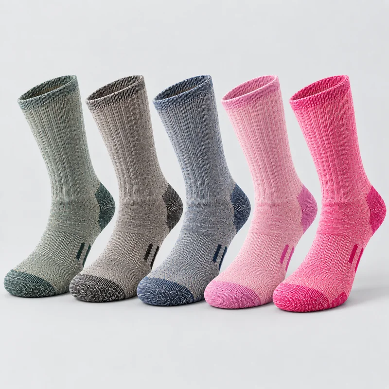 Five heather crew hiking socks in sage green, taupe grey, blue grey, light pink and bright pink with contrast heel and toe areas