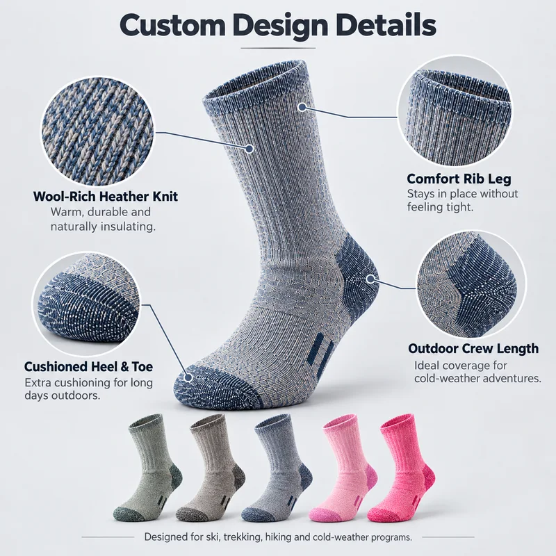 Blue grey heather hiking sock with close-ups of the mixed yarn texture, ribbed leg, heel and toe knit construction