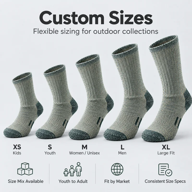 Sage green heather hiking socks showing XS, S, M, L and XL size references for kids, youth and adults