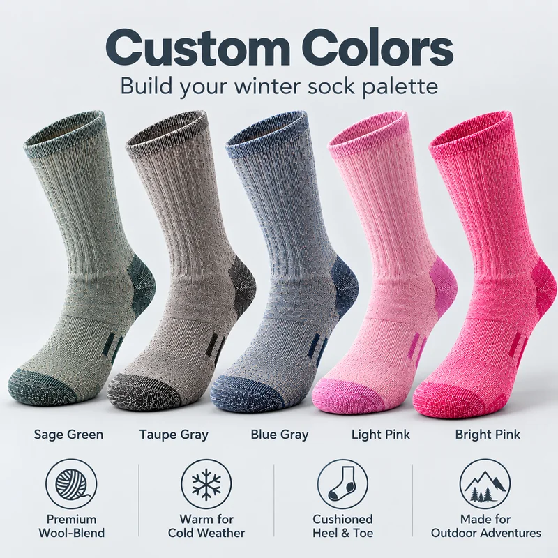 Heather hiking socks in sage green, taupe grey, blue grey, light pink and bright pink with contrasting heel and toe colours