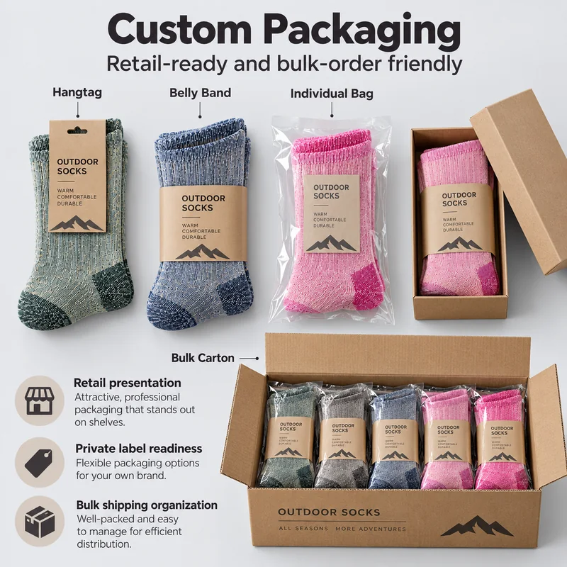Heather outdoor socks with hangtag, belly band, individual bag, gift box and bulk carton packaging examples