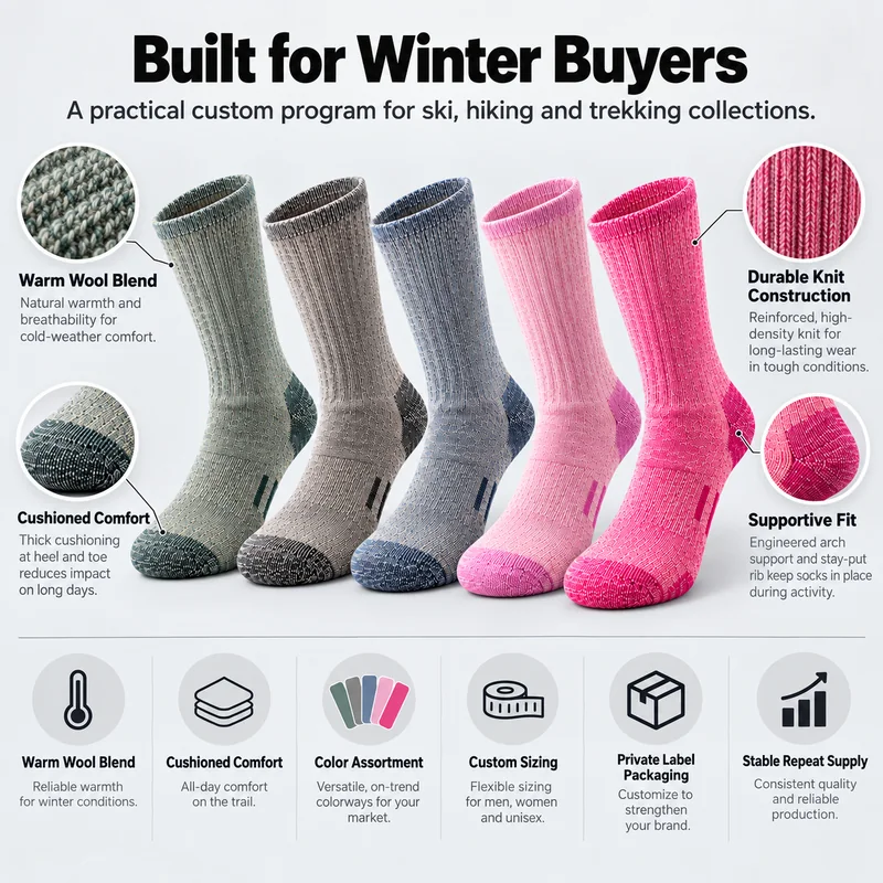 Five heather hiking sock colourways with yarn, heel and arch knit detail references for a winter outdoor collection