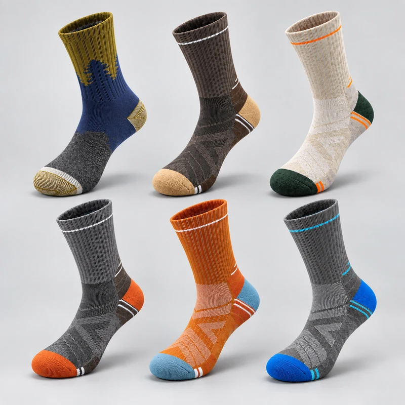 Six ribbed crew hiking socks in navy and mustard, brown and sand, oatmeal and green, grey and orange, orange and light blue, and grey and blue