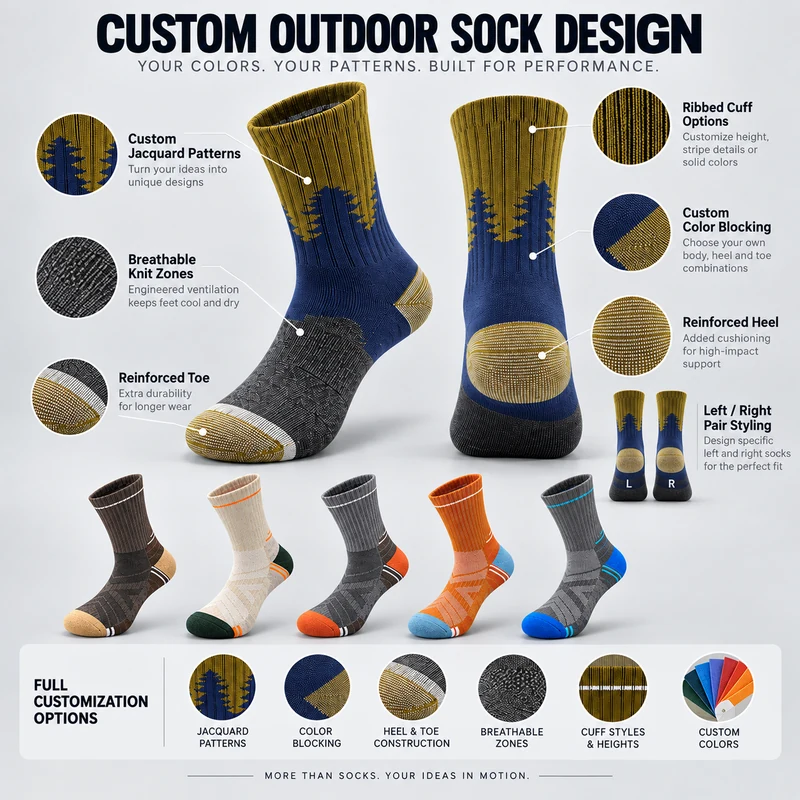 Navy and mustard hiking socks with tree jacquard motifs and close-ups of the ribbed cuff, knit zones, contrast heel and toe, and left and right pair markings