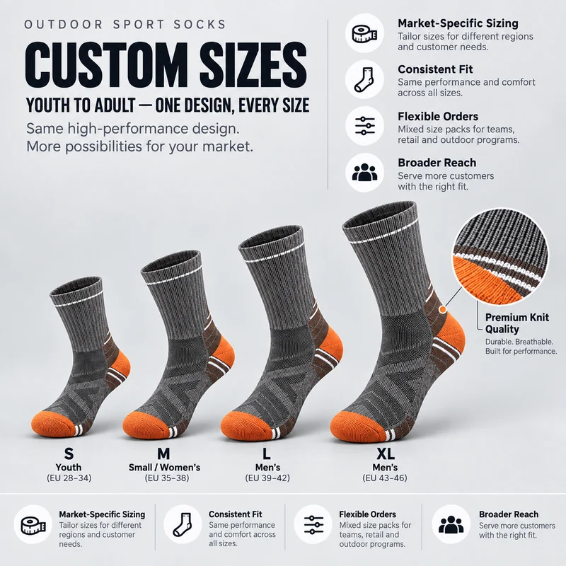 Grey and orange hiking socks with S, M, L and XL youth to adult size reference labels and EU size examples