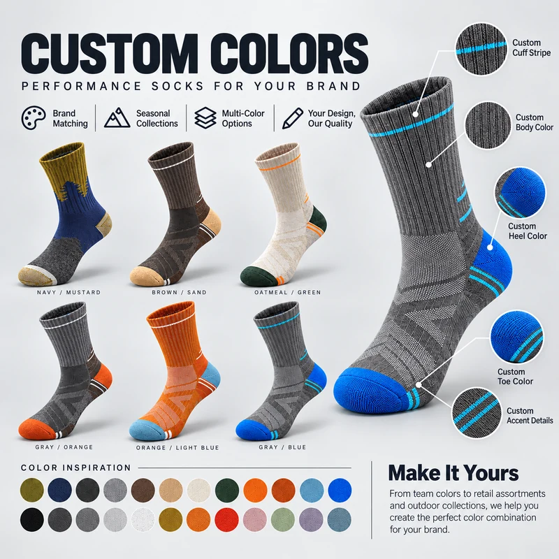 Six outdoor sock colourway examples and a grey and blue hiking sock showing cuff stripe, body, heel, toe and accent colour zones