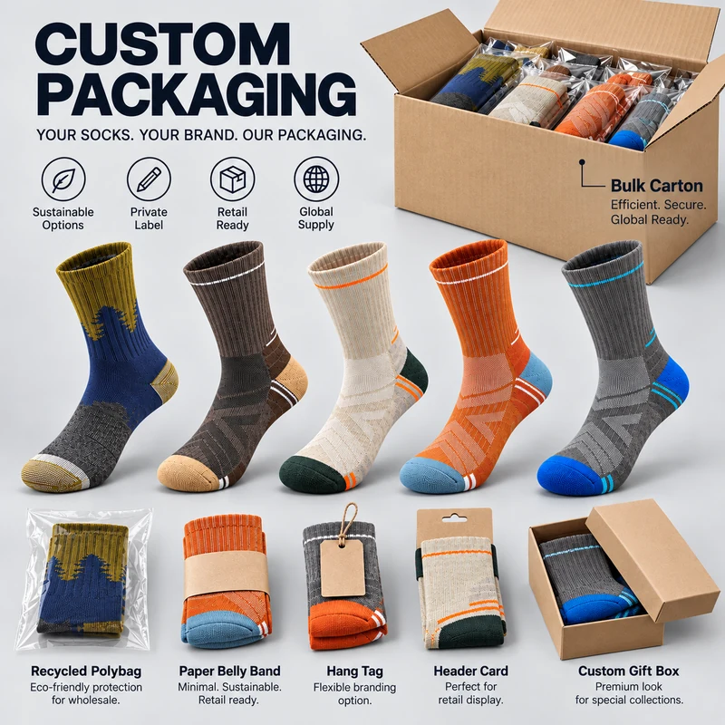 Hiking socks with polybag, paper belly band, hangtag, header card, gift box and bulk carton packaging examples