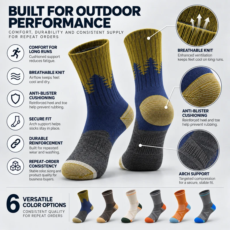 Navy and mustard tree-pattern hiking socks with cuff, heel and arch knit detail illustrations and six colourway references for repeat orders
