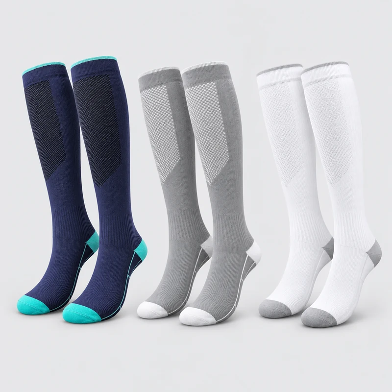 Knee-high running socks in navy and aqua, grey and white, and white and grey