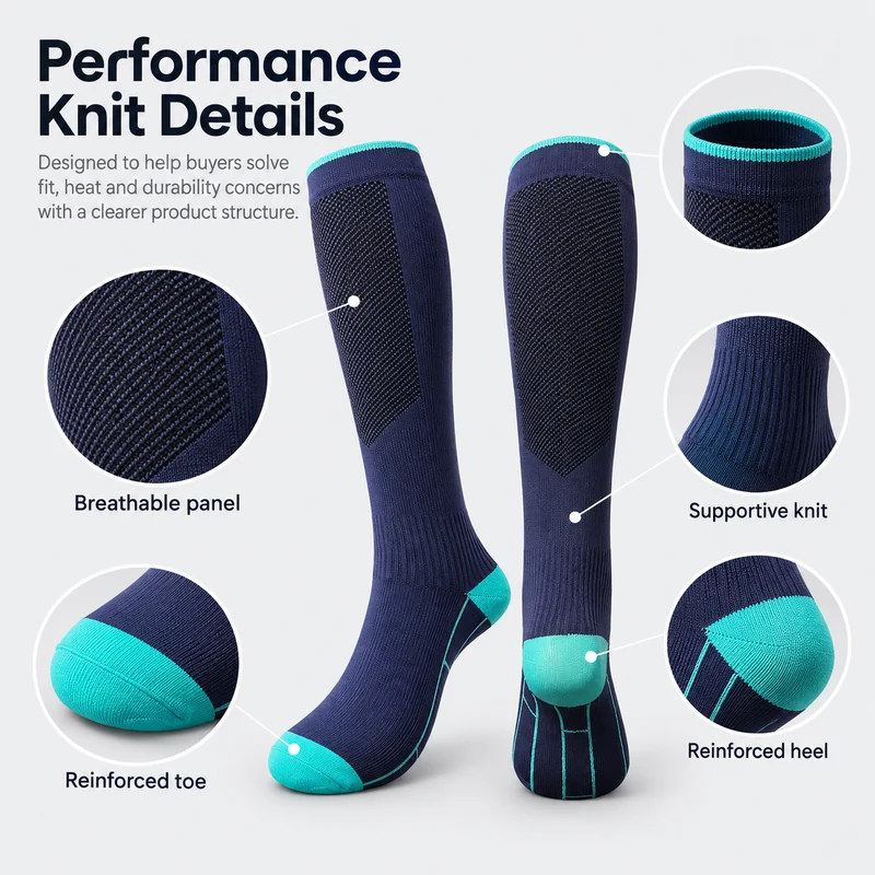 Navy knee-high running socks showing mesh leg panels, ribbed knit, aqua cuff trim and contrast heel and toe details