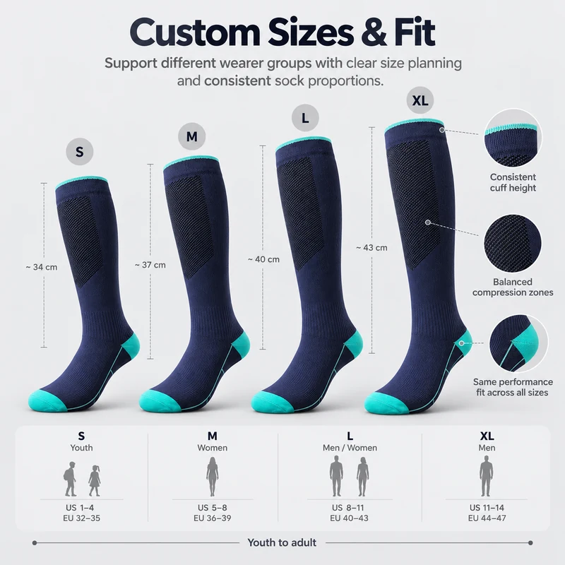 Knee-high running sock size and fit planning with S, M, L and XL examples