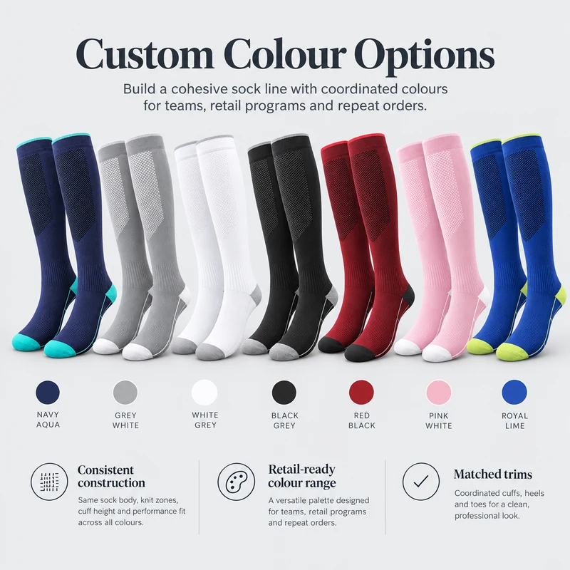 Seven knee-high running sock colour combinations with coordinated cuff, heel and toe colours