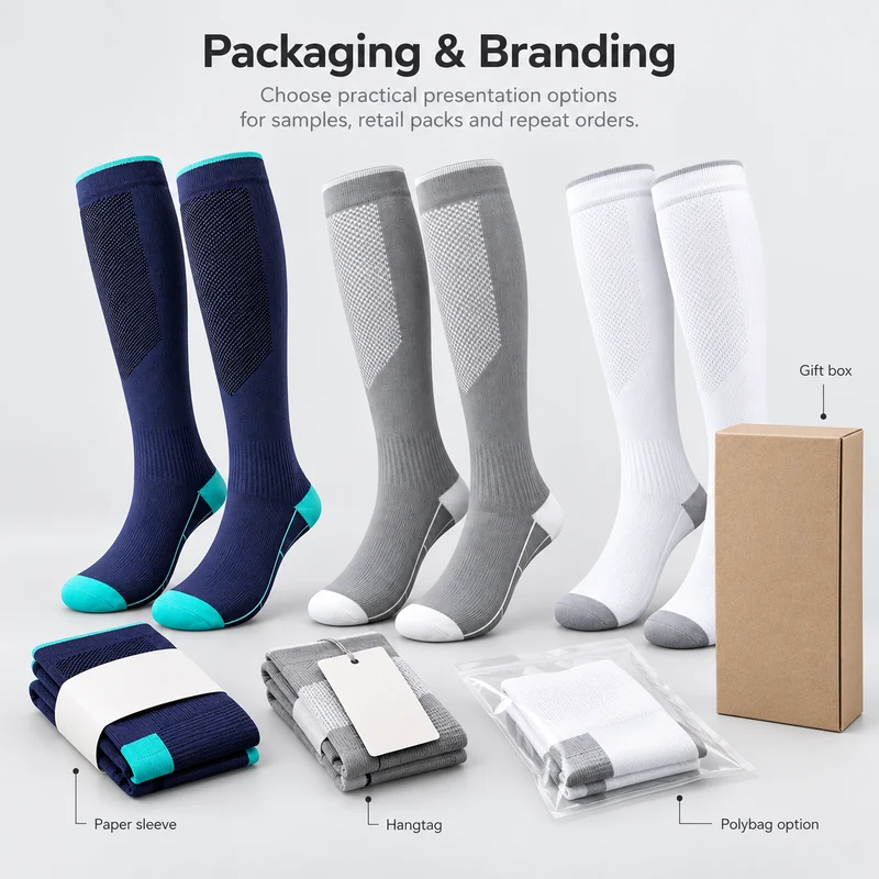 Knee-high running socks with paper sleeves, hangtags, polybag and gift box packaging options
