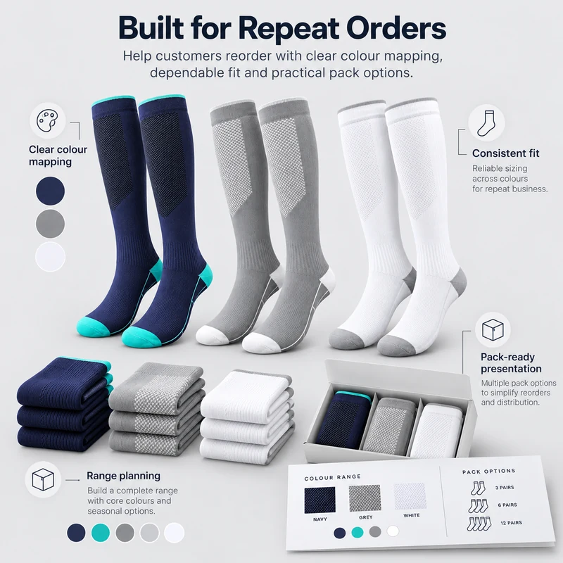 Navy, grey and white knee-high running socks with folded pairs, a presentation box and colour and pack planning references