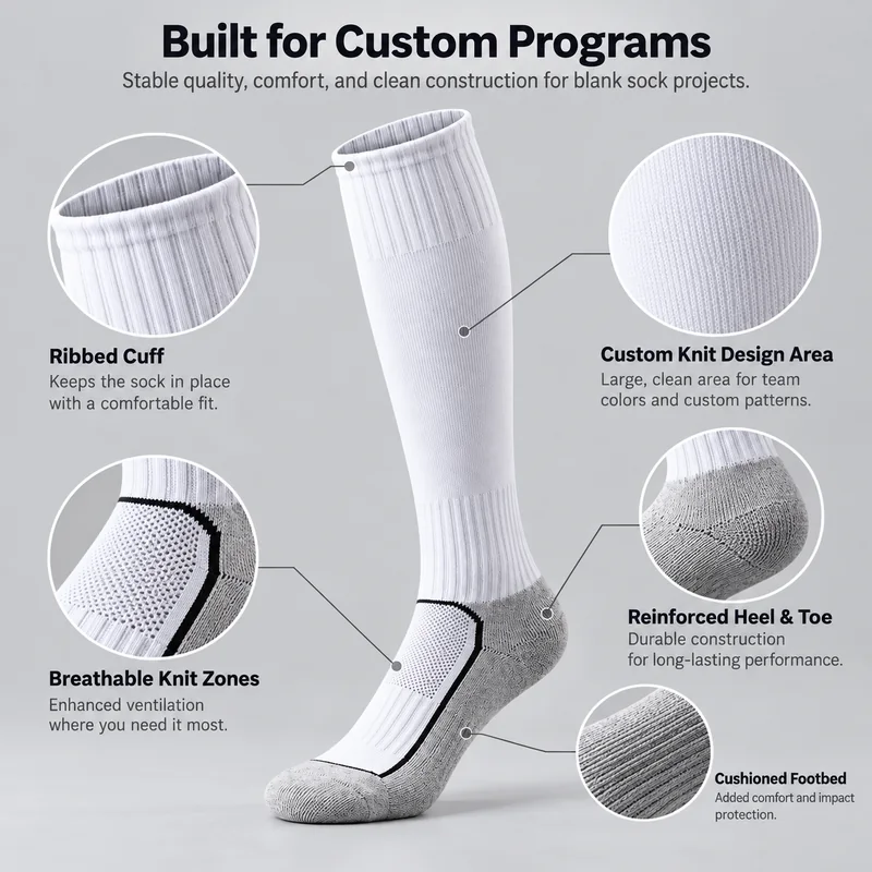 White knee-high team sock with close-ups of the ribbed cuff, custom knit area, mesh zones, reinforced heel and toe, and cushioned footbed
