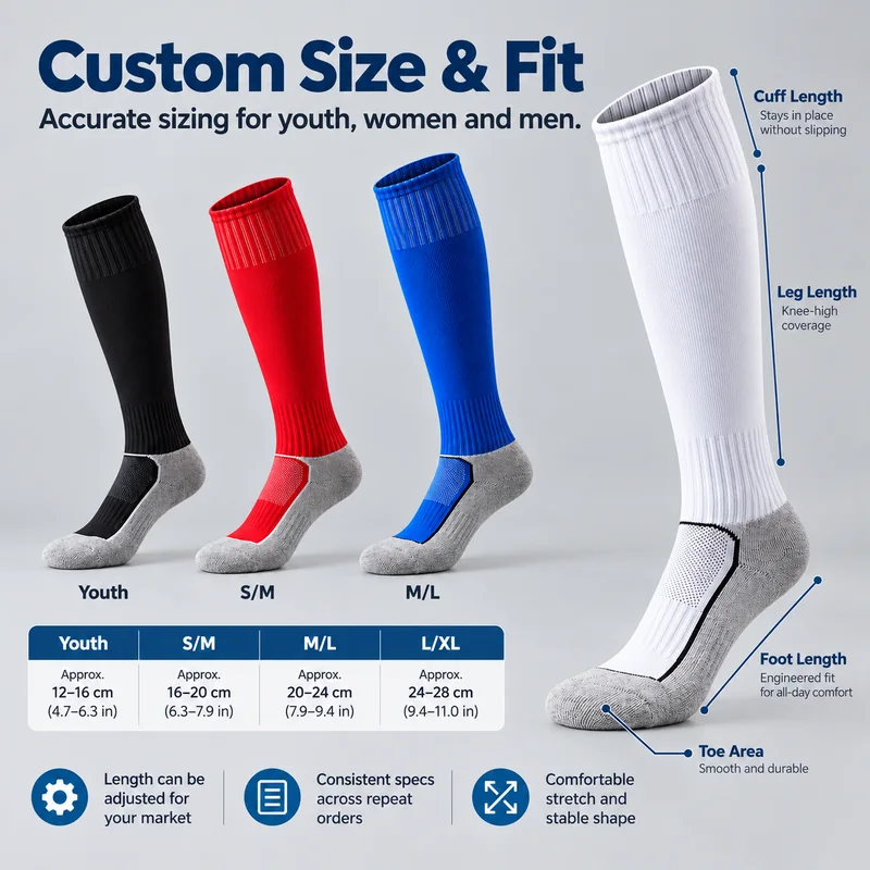 Knee-high team socks with Youth, S/M, M/L and L/XL size references and illustrated cuff, leg and foot measurements