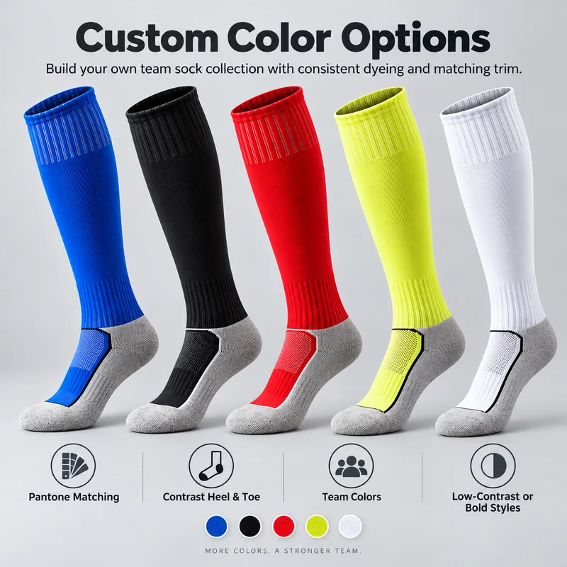 Blue, black, red, fluorescent yellow and white knee-high team socks with colour swatches and custom colour planning options