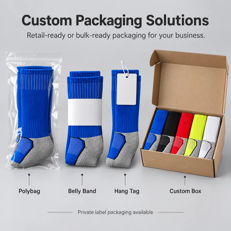 Blue knee-high team socks in a polybag, belly band and hang tag presentation beside a box of five team colour options