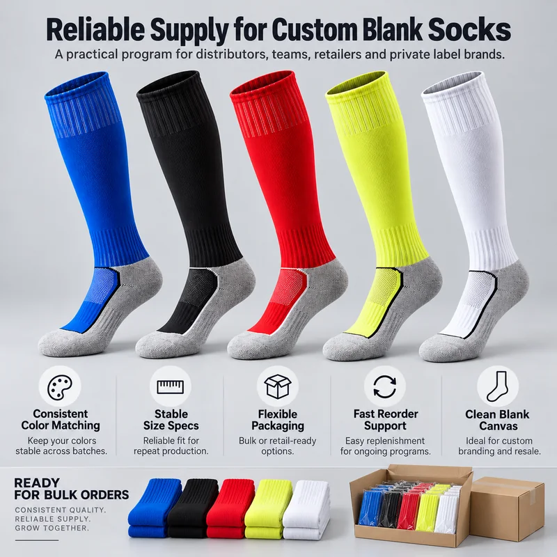 Knee-high team sock colour range with folded pairs, packed cartons and colour, size and packaging references for repeat orders