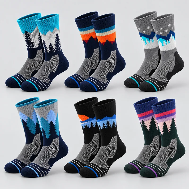 Six pairs of crew hiking socks with mountain, forest, sunset and snowflake jacquard patterns in turquoise, navy, grey, blue, black and purple colour combinations